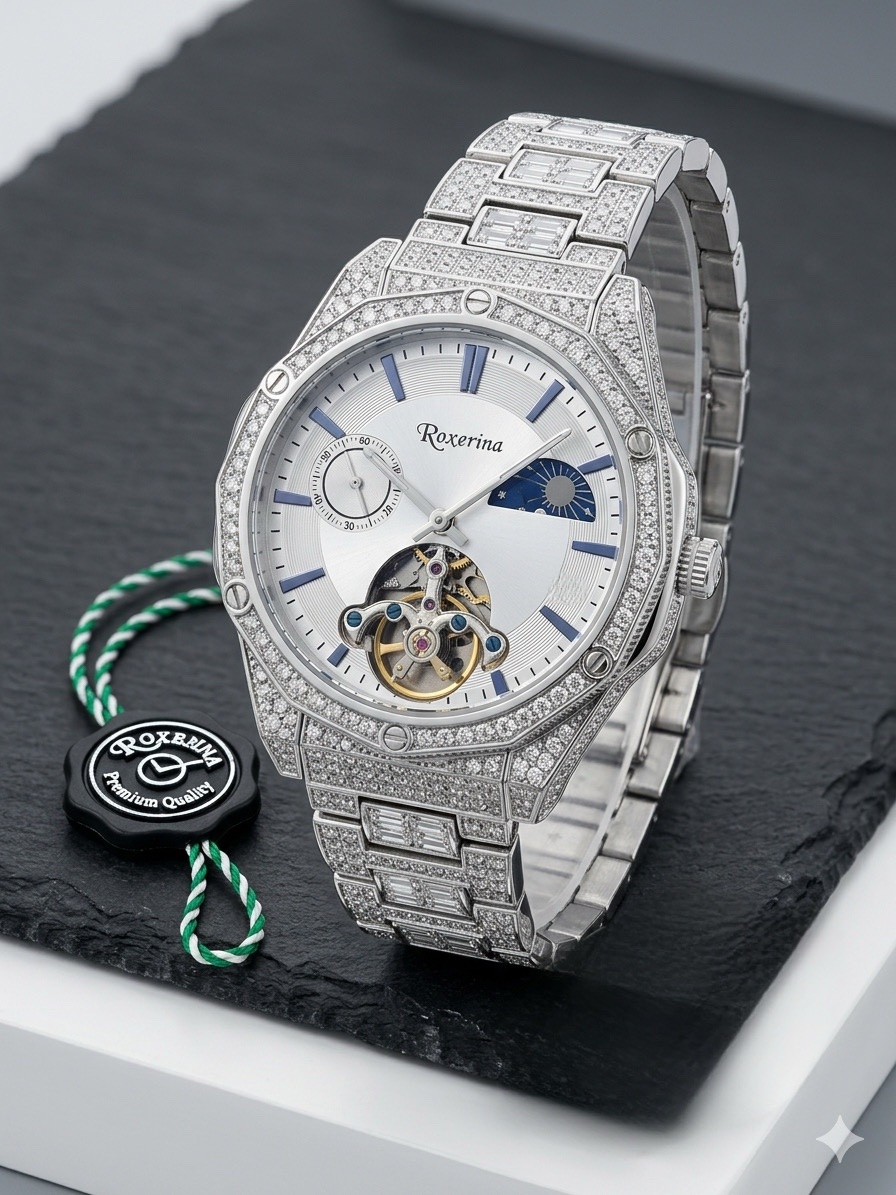 Silver 925 Lunar Brilliance Cz Diamond Automatic Watch For Men