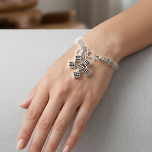 Alternative view of Silver Jaipuri 3-Line Square Oxo Tassel Bracelet