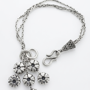 Silver Jaipuri Oxidised 3-Line Floral Tassel Bracelet