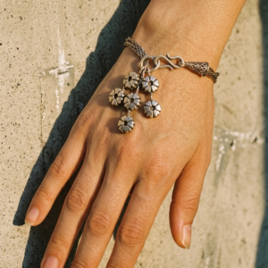 Alternative view of Silver Jaipuri Oxidised 3-Line Floral Tassel Bracelet