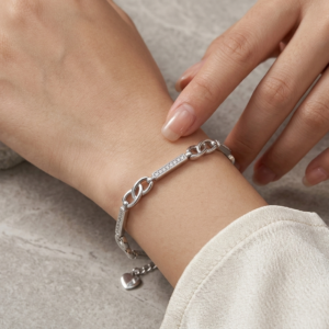 Alternative view of Silver Sleek CZ Curb & String Bracelet