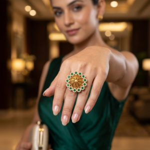 Alternative view of Silver 925 Green Cz Kundan Round Cocktail Ring