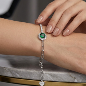 Alternative view of Silver Italian Chain Green Stone Tennis Bracelet