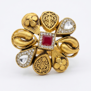Silver 925 Floral Cocktail Ring With Kundan Work