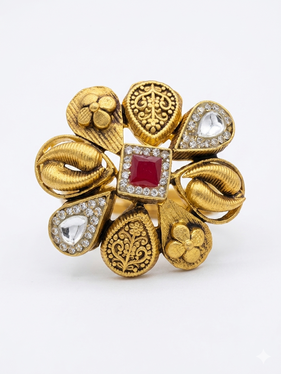 Silver 925 Floral Cocktail Ring With Kundan Work