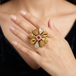 Alternative view of Silver 925 Floral Cocktail Ring With Kundan Work