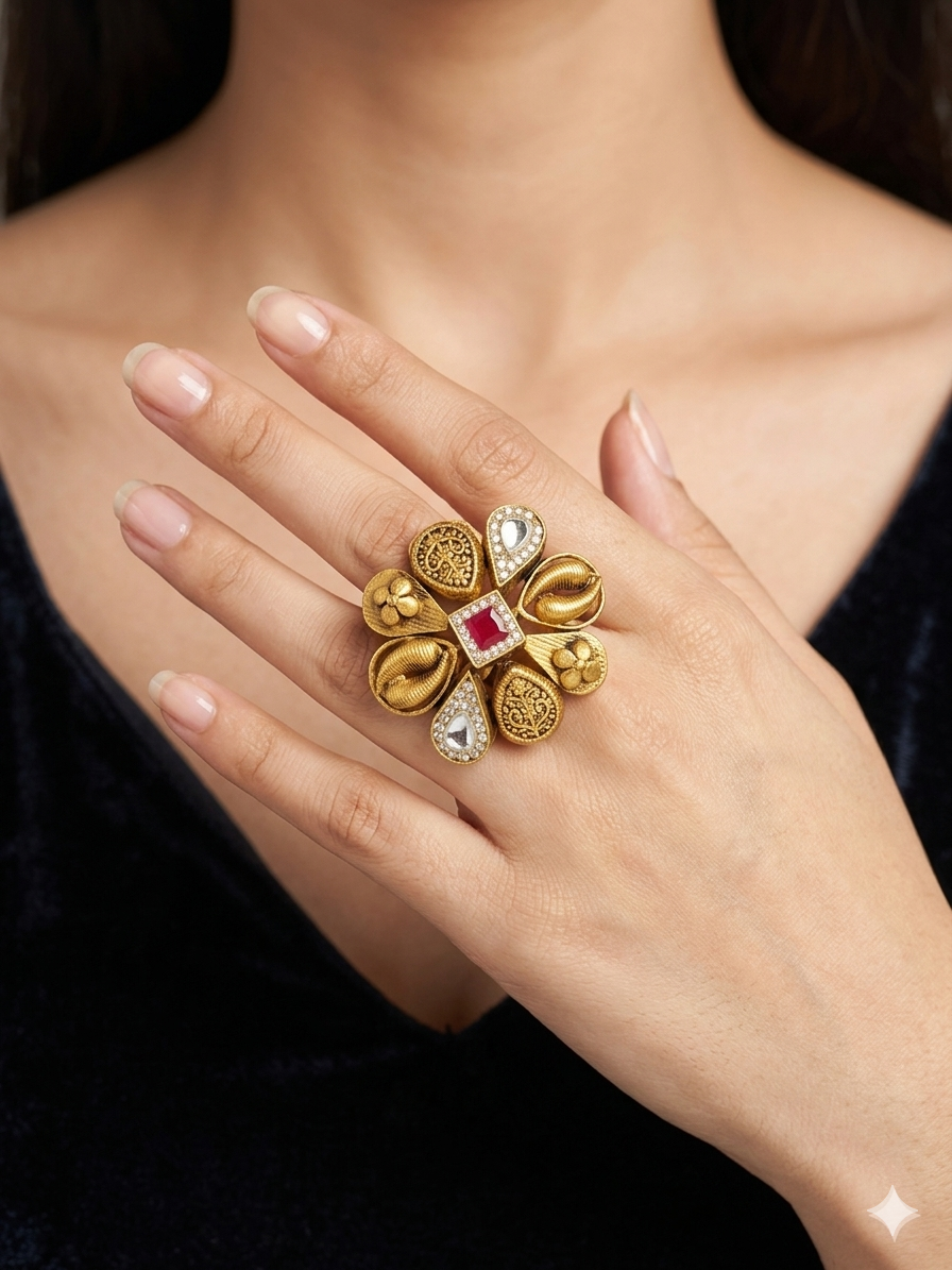 Silver 925 Floral Cocktail Ring With Kundan Work - Image 2