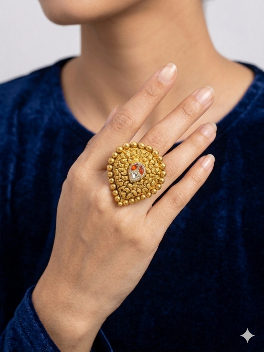 Silver 925 Pear Shaped Orange Kundan Cocktail Ring - Image 2