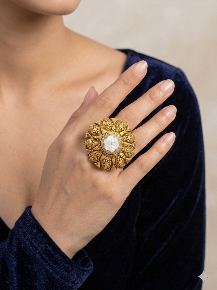 Silver 925 Embroidered Floral Cocktail Ring - Image 2