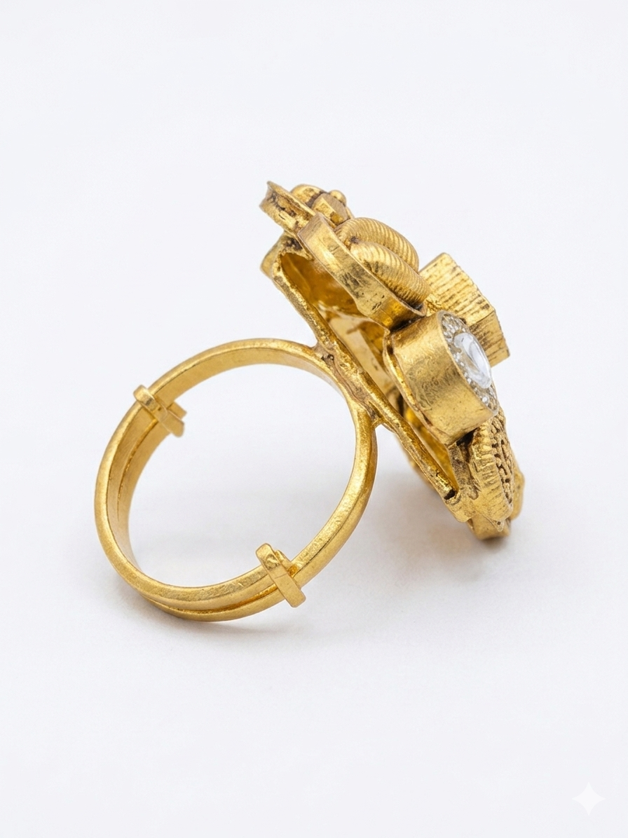 Silver 925 Floral Cocktail Ring With Kundan Work - Image 3
