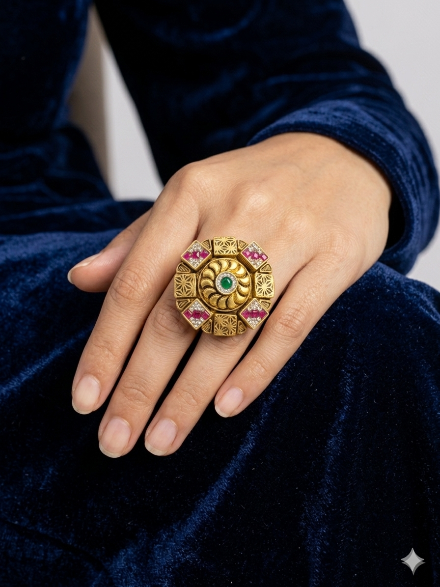 Silver 925 Cocktail Square Block Kundan Ring - Image 2