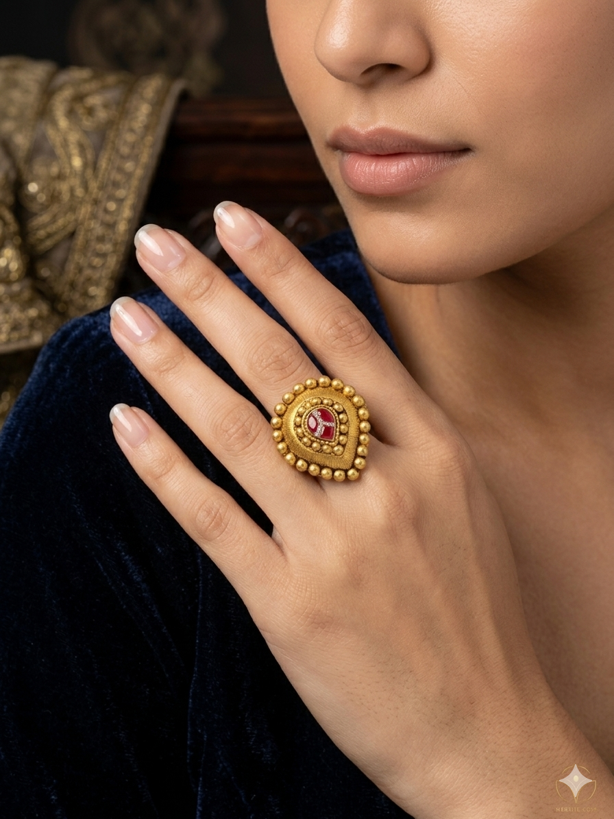 Silver 925 Pear Shaped Red Kundan Cocktail Ring - Image 2