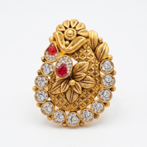 Silver 925 CZ Kundan Leaf Embroidered Cocktail Ring