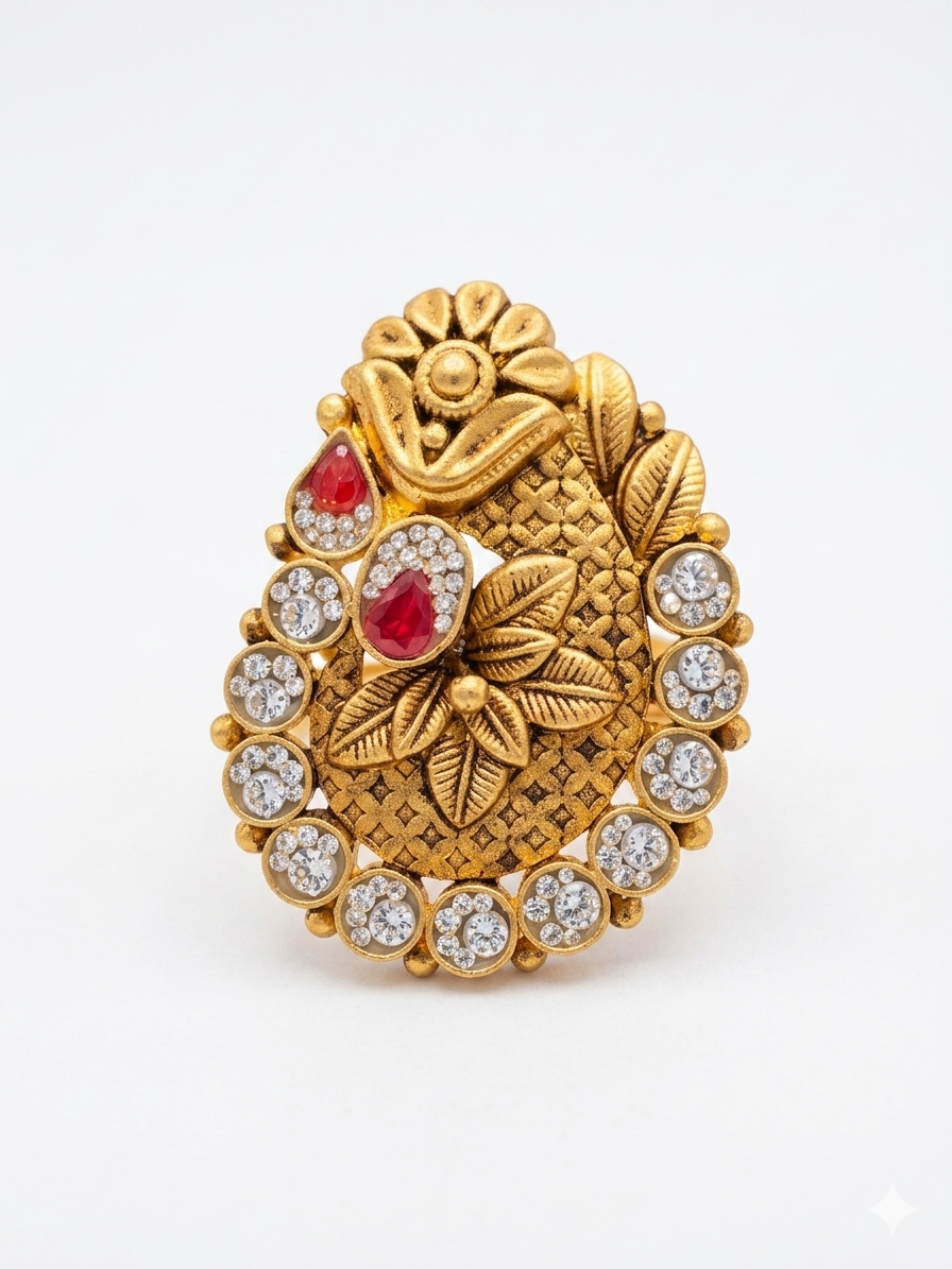 Silver 925 CZ Kundan Leaf Embroidered Cocktail Ring