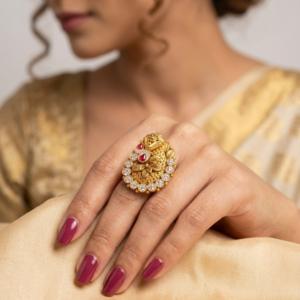 Alternative view of Silver 925 CZ Kundan Leaf Embroidered Cocktail Ring