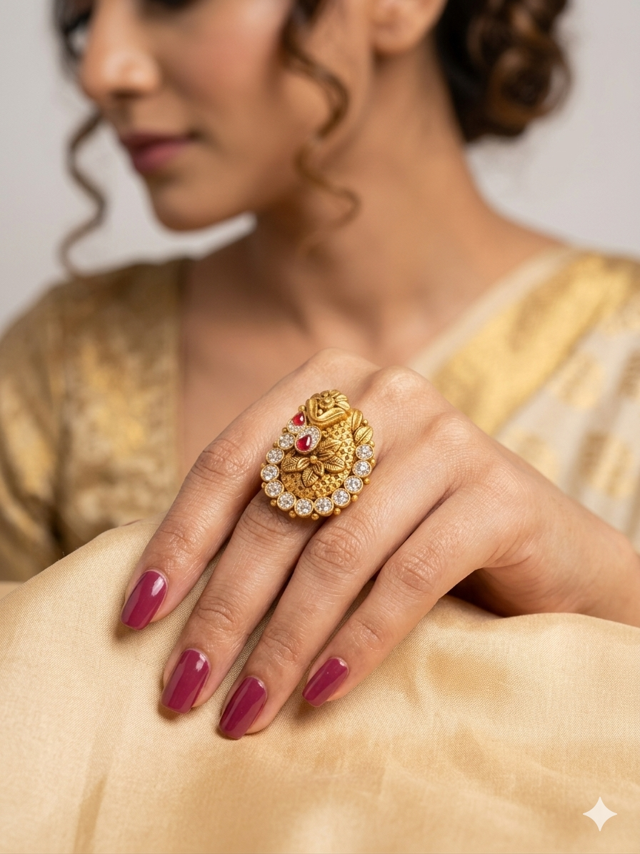Silver 925 CZ Kundan Leaf Embroidered Cocktail Ring - Image 2