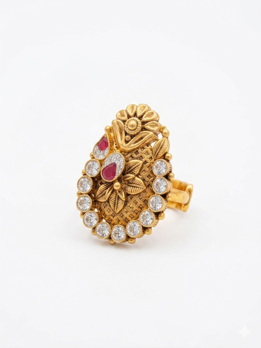 Silver 925 CZ Kundan Leaf Embroidered Cocktail Ring - Image 3