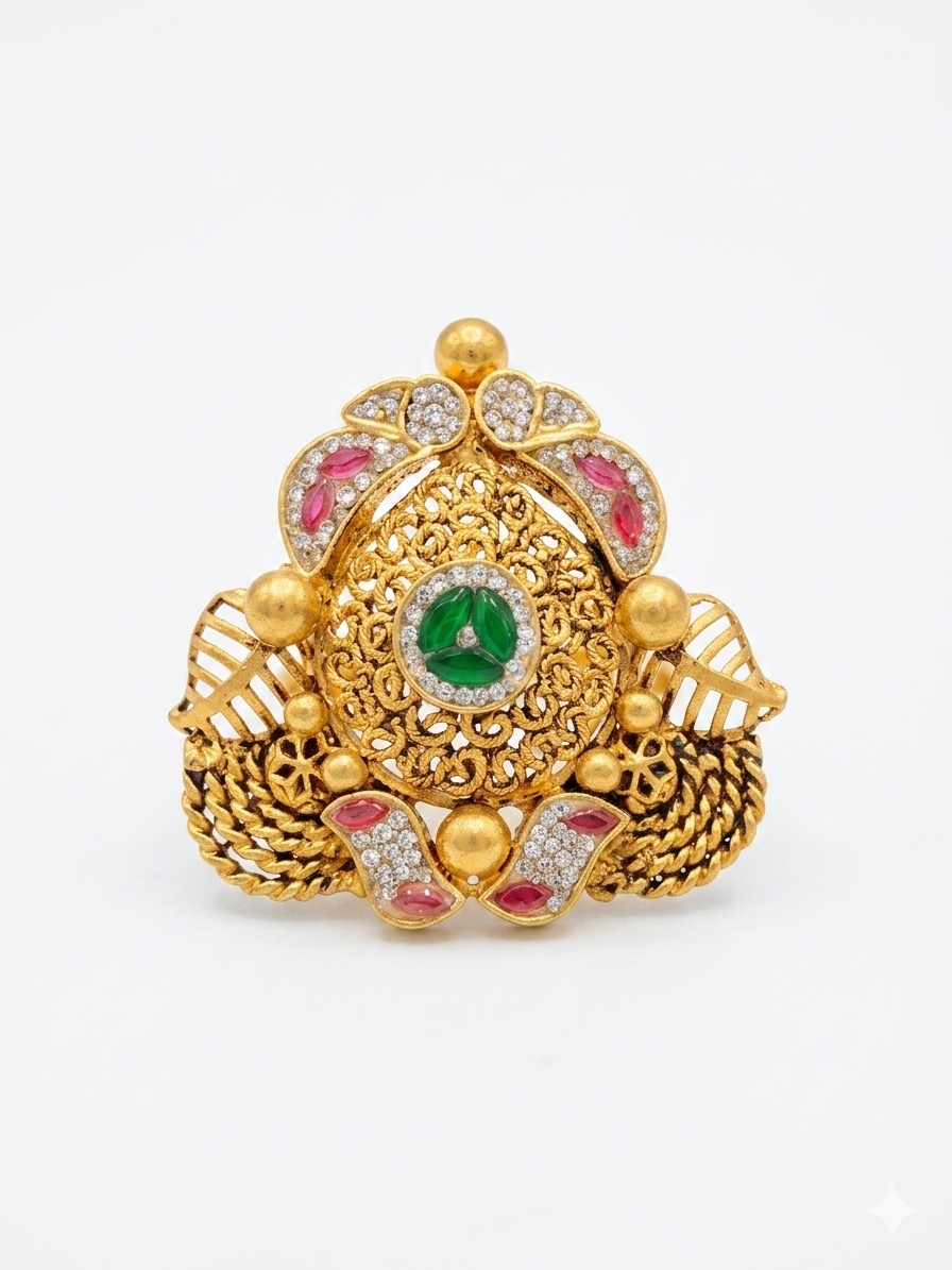 Silver 925 Trigonal Jodha Cocktail Ring With Kundan