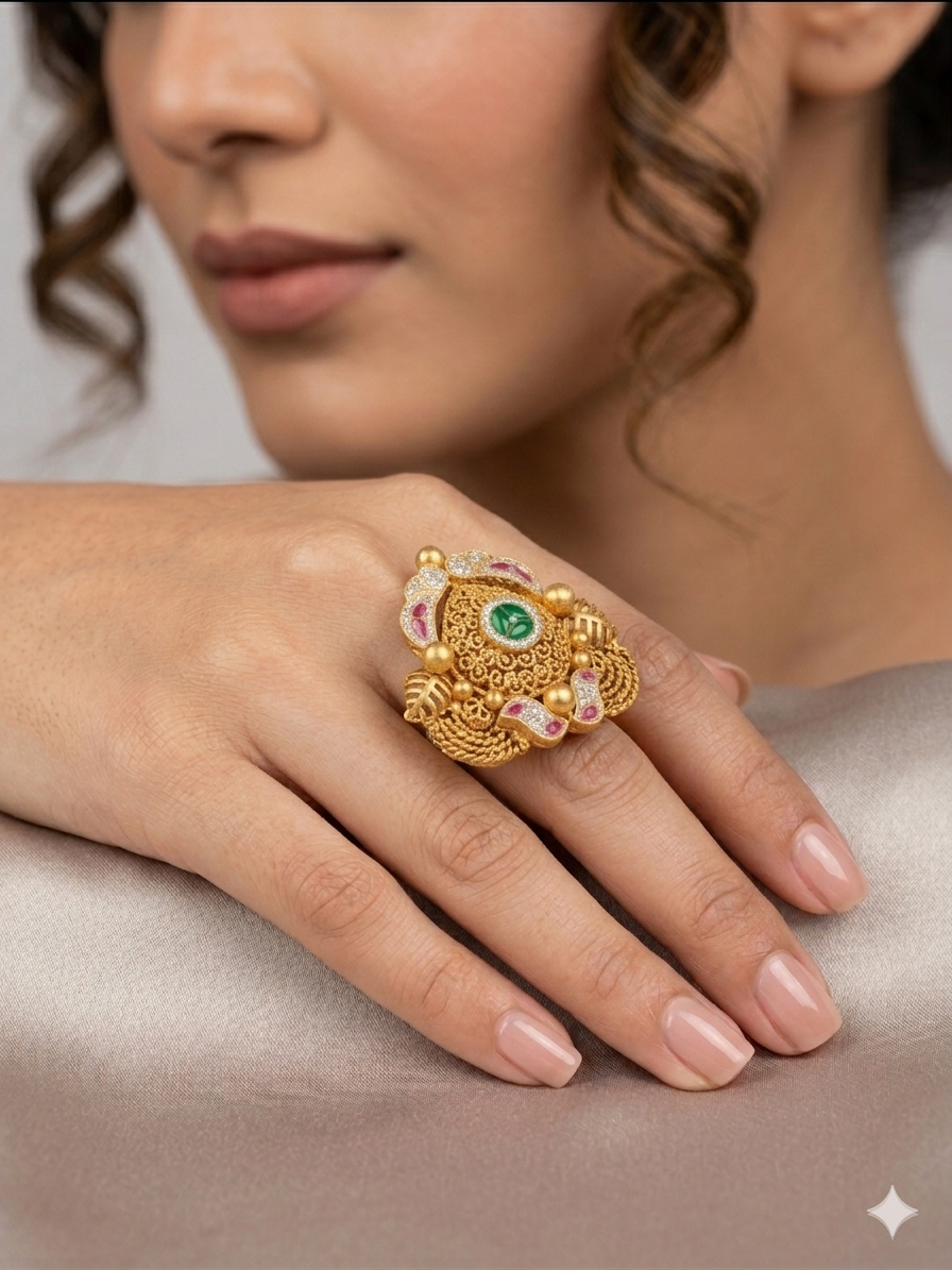 Silver 925 Trigonal Jodha Cocktail Ring With Kundan - Image 2