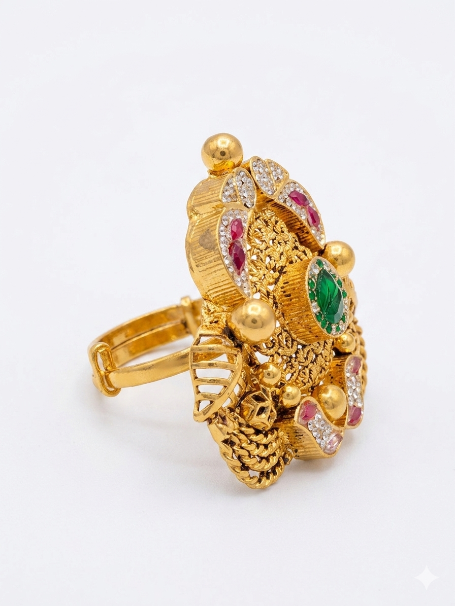 Silver 925 Trigonal Jodha Cocktail Ring With Kundan - Image 3