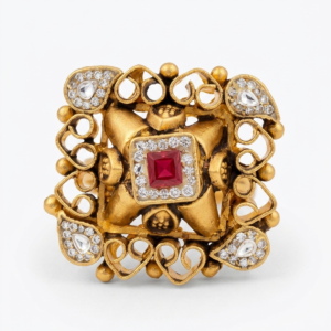 Silver 925 Curvy Love Square Cocktail Ring with Kundan
