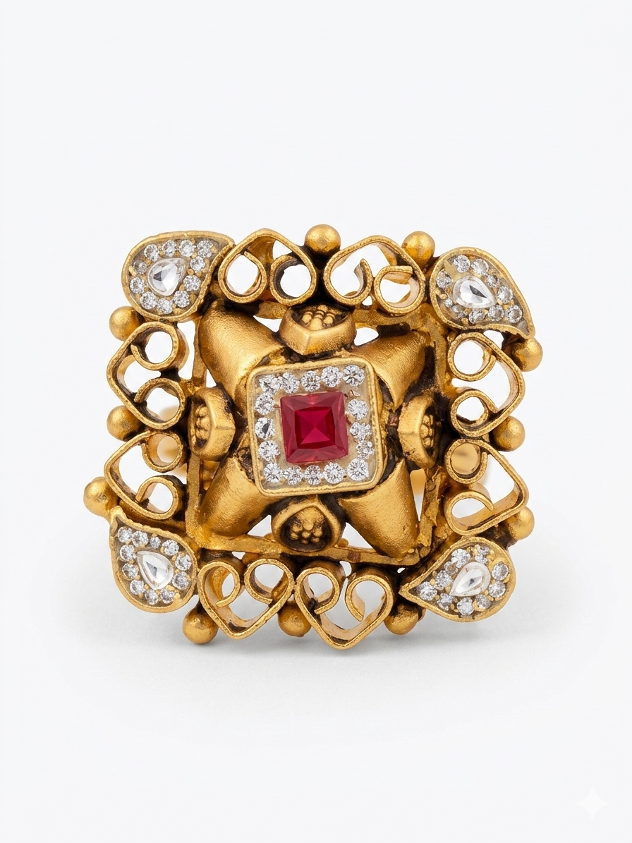 Silver 925 Curvy Love Square Cocktail Ring with Kundan