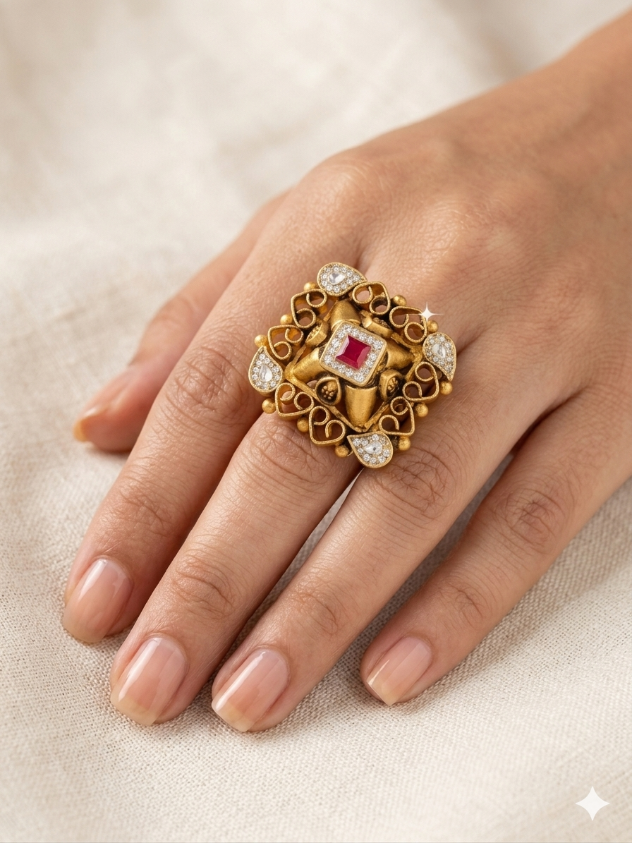 Silver 925 Curvy Love Square Cocktail Ring with Kundan - Image 2