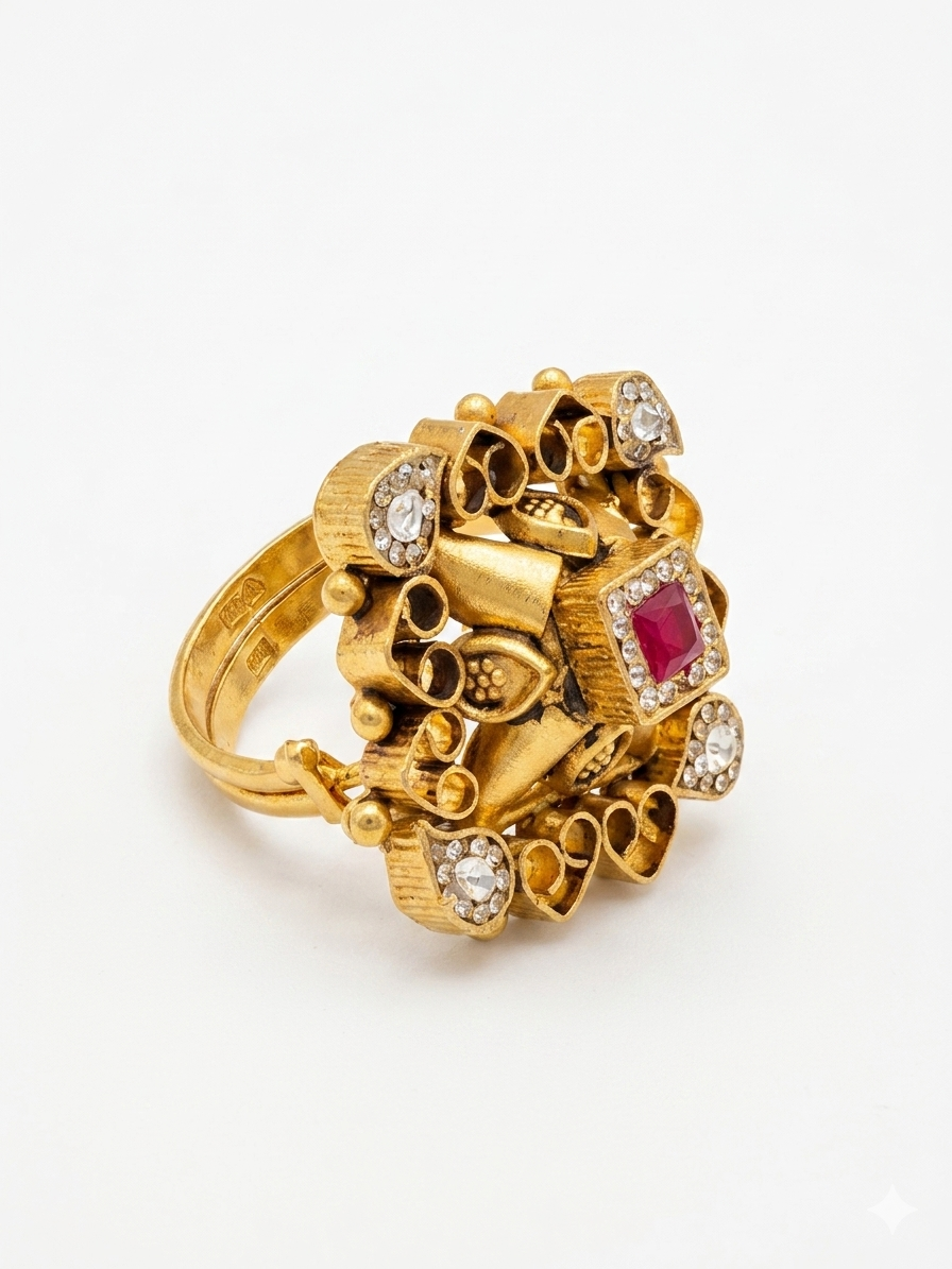 Silver 925 Curvy Love Square Cocktail Ring with Kundan - Image 3