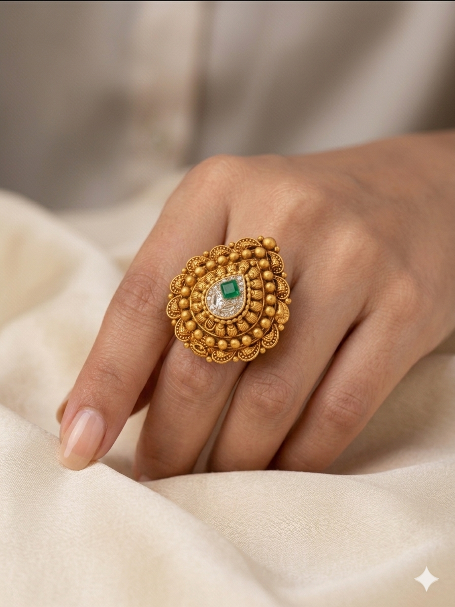 Silver 925 Antique Embroidery Jodha Cocktail Ring - Image 2