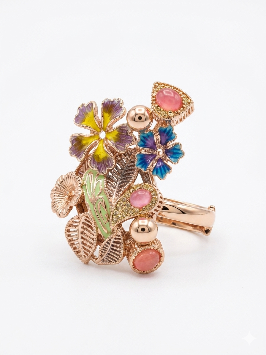 Exclusive Floral Cocktail Ring with Enamel & Kundan Work - Image 4