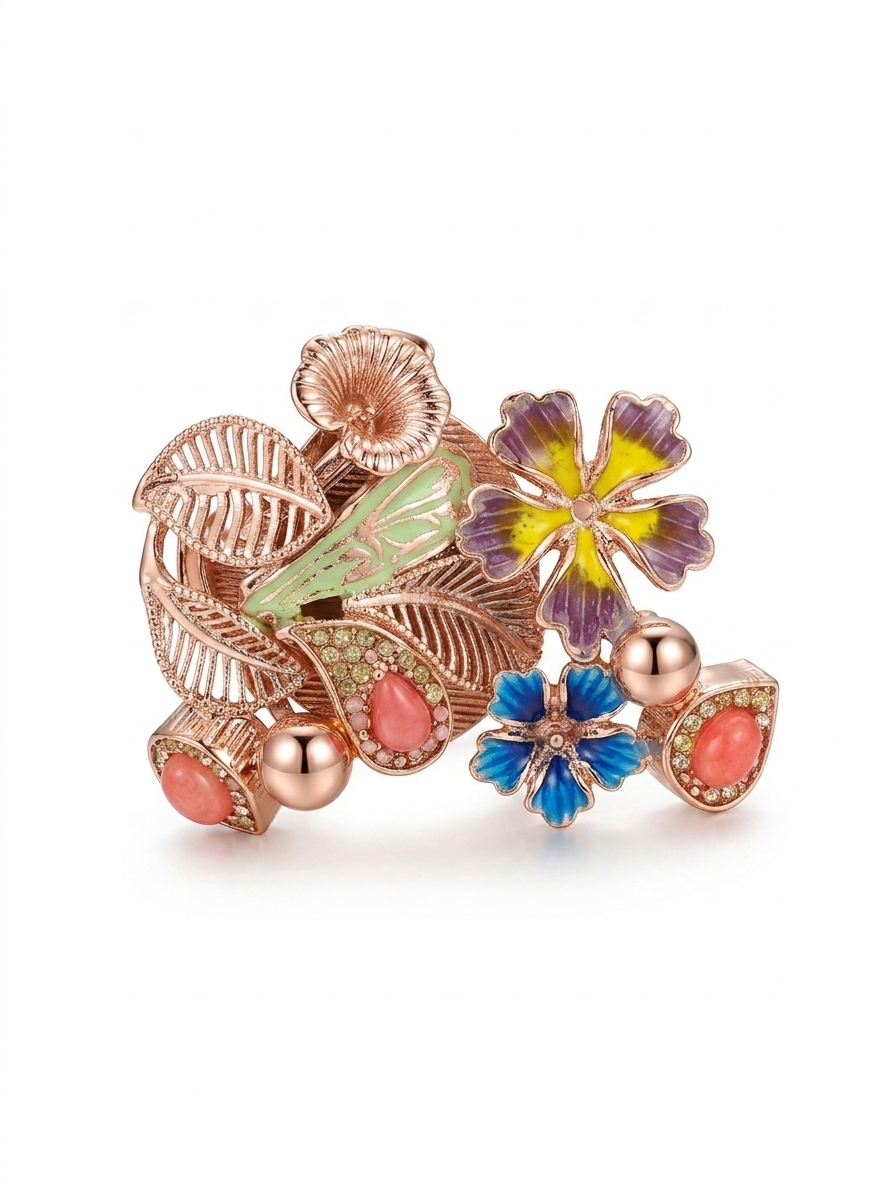 Exclusive Floral Cocktail Ring with Enamel & Kundan Work - Image 3