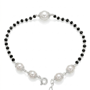 Silver 5 Pearl & Black Crystal Beads Mangalsutra Bracelet