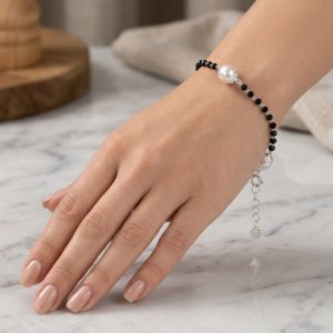 Alternative view of Silver 5 Pearl & Black Crystal Beads Mangalsutra Bracelet