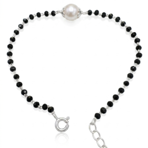 Silver Single Pearl & Black Crystal Beads Bracelet