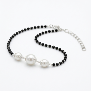 Silver 3 Pearls & Black Crystal Beads Bracelet