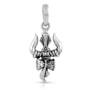 Silver Trishul with Damru Antique Oxidised Pendant