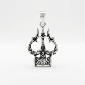 Silver Embroidered Trishul & Damru Antique Oxidised Pendant