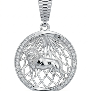 Silver Circular Big Lion Matte Drop Net Cz Pendant