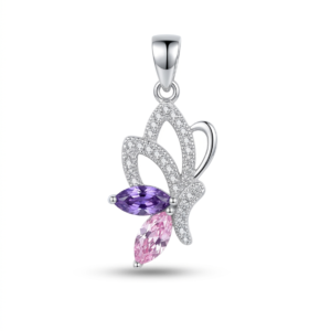 Silver Butterfly Pink & Purple Cz Pendant