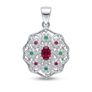 Silver Embroidered Multi Colour Traditional Cz Pendant