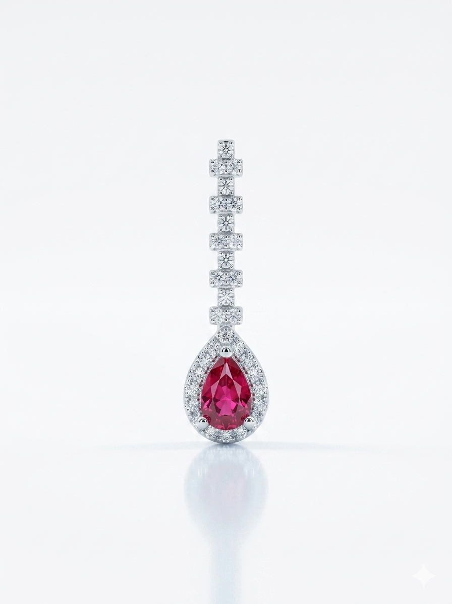 Silver Long Dangler Pink Pear Cz Pendant