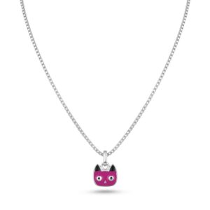 Silver Kids Pink Cat Enamel Pendant With Chain