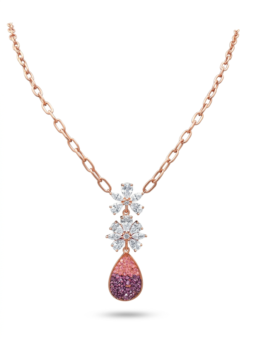 Silver RoseGold Plated Chain With Floral Cz Pendant - Image 3