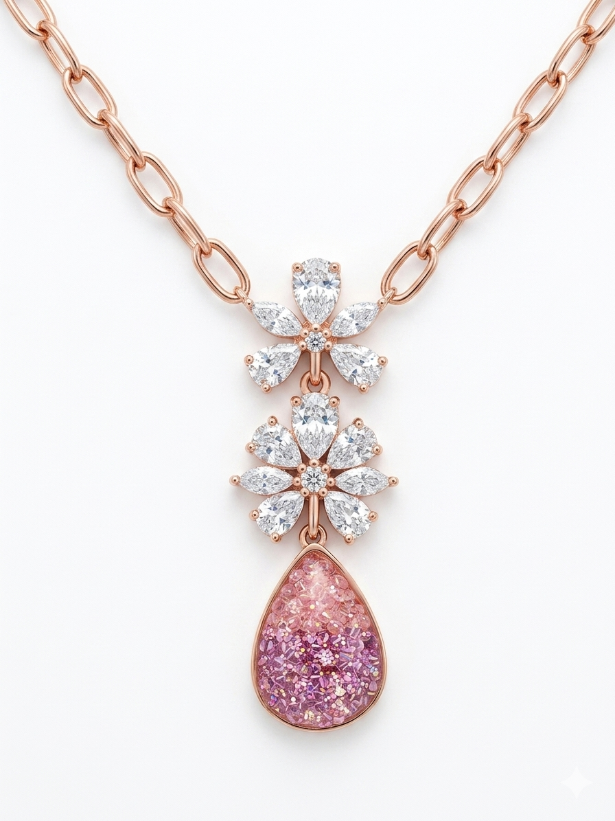 Silver RoseGold Plated Chain With Floral Cz Pendant