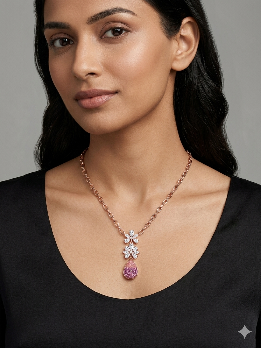 Silver RoseGold Plated Chain With Floral Cz Pendant - Image 2