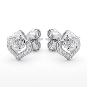 Silver Rose & Heart Stud Earrings