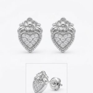 Silver Floral Heart Cz Stud Earrings