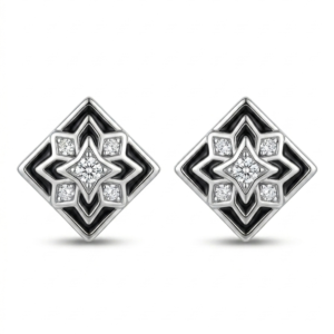 Silver Black Enamel Square Cz Stud Earrings