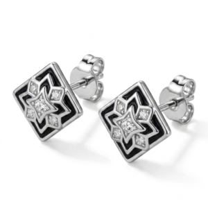 Alternative view of Silver Black Enamel Square Cz Stud Earrings