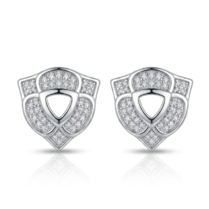 Silver Floral Shield Cz Stud Earrings